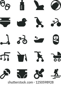 Solid Black Vector Icon Set - toys over the cradle vector, dummy, feeding bottle, diaper, nappy, beanbag, car child seat, baby carriage, summer stroller, sitting, duckling, bath ball, roly poly doll