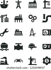 Solid Black Vector Icon Set - tower crane vector, helmet, valve, water pipes, factory, hydroelectric station, hydroelectricity, power line, industrial enterprise, Construction, metallurgy, repair