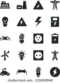 Solid Black Vector Icon Set - lightning vector, danger of electricity, saving light bulb, dangers, charging battery, wind energy, hydroelectric station, power line, pole, socket, thermal plant