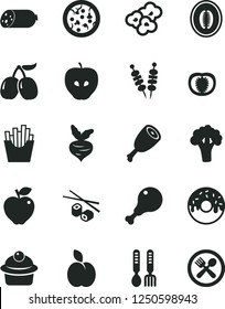 Solid Black Vector Icon Set - iron fork spoons vector, sausage, fried vegetables on sticks, pizza, muffin, glazed cake with a hole, chicken leg, thigh, French fries, Chinese chopsticks, popcorn, red