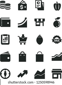 Solid Black Vector Icon Set - paper bag vector, purse, growth up, line chart, put in cart, kiosk, blueberry, tamarillo, Bell pepper, goal woman, coins, statistical report, wallet, research, sale