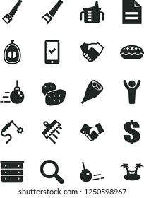 Solid Black Vector Icon Set - scribbled paper vector, magnifier, dollar, chest of drawers, measuring cup for feeding, big core, hand saw, arm, spatula, apple pie, grill chicken leg, half loquat
