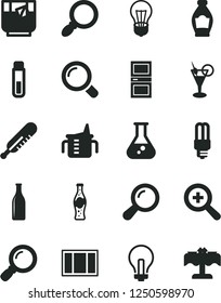 Solid Black Vector Icon Set - incandescent lamp vector, zoom, measuring cup for feeding, mercury thermometer, window frame, interroom door, magnifier, a glass of tea, bottle soda, bulb, light, flask