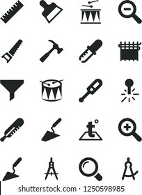 Solid Black Vector Icon Set - yardstick vector, zoom, out, electronic thermometer e, mercury, drumroll, drum, trowel, building, hand saw, putty knife, temperature, hammer with claw, magnifier