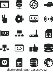 Solid Black Vector Icon Set - power socket type vector, thumb up, big data, server, SIM card, scheme, hierarchical, cpu, pc, router, network, browser, coding, lan connector, wireless, victory hand