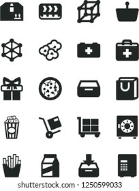 Solid Black Vector Icon Set - cargo trolley vector, first aid kit, bag of a paramedic, put in box, drawer, strongbox, with handles, cardboard, package, shipment, pizza, French fries, popcorn, cup