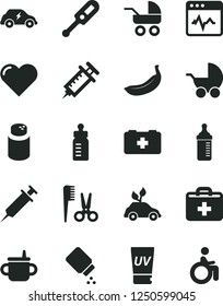 Solid Black Vector Icon Set - first aid kit vector, mug for feeding, bottle, measuring, powder, baby, stroller, carriage, electronic thermometer e, accessories a hairstyle, bag of paramedic, heart