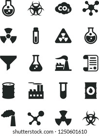 Solid Black Vector Icon Set - round flask vector, manufacture, factory, oil, barrel, industrial building, radiation, carbon dyoxide, filter, research article, test tube, molecule, nuclear, biohazard