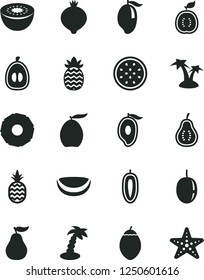 Solid Black Vector Icon Set - a pineapple vector, medlar, mango, half of, loquat, passion fruit, sweet date, kiwi, tamarillo, guawa, piece coconut, slice, ripe guava, part, palm tree, starfish