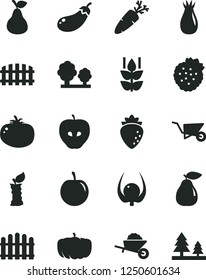 Solid Black Vector Icon Set - garden trolley vector, building, fence, hedge, tomato, carrot, strawberries, pear, mint, tasty apple, raspberry, rose hip, plum, physalis, stub, eggplant, pumpkin