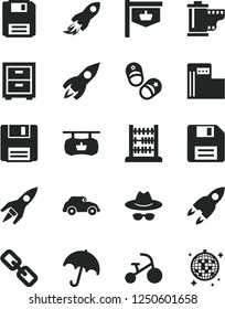 Solid Black Vector Icon Set - floppy disk vector, spectacles, hat with glasses, camera roll, bedside table, tricycle, child shoes, abacus, umbrella, modern gas station, retro car, vintage sign