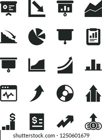 Solid Black Vector Icon Set - growth up vector, line chart, negative, cardiogram, recession, statistical report, article on the dollar, ring diagram, pie charts, presentation, financial, graph
