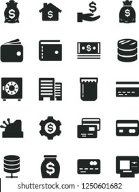 Solid Black Vector Icon Set - bank card vector, purse, buildings, big data server, strongbox, cards, jam, reverse side of a, front the, column coins, get wage, wallet, money, dollars, cash, cashbox