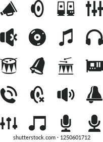 Solid Black Vector Icon Set - bell vector, desktop microphone, horn, loudspeaker, silent mode, drumroll, drum, music, volume, no sound, phone call, pc card, cd, headphones, speaker, note, settings