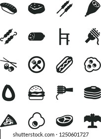 Solid Black Vector Icon Set - a chair for feeding vector, sausage, stick of, piece pizza, Hot Dog, burger, spaghetti, noodles, grill chicken leg, bacon, barbecue, meat on skewers, Chinese chopsticks