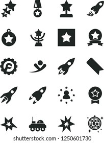 Solid Black Vector Icon Set - bookmark vector, star gear, rocket, space, lunar rover, bang, cup, reward, medal, ribbon, stars around man, three, flying, disco ball