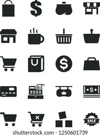 Solid Black Vector Icon Set - paper bag vector, grocery basket, dollar, cubes for children, cart, crossed, with handles, kiosk, cup of tea, shopping, antique advertising signboard, purse, cash, hand