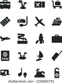 Solid Black Vector Icon Set - suitcase vector, passport, plane, camper, passenger, ticket, rolling case, palm tree, aquapark, diving mask, surfing, baggage, golf, cruiser, hammok, windsurfing