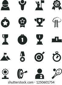 Solid Black Vector Icon Set - racer vector, stopwatch, winner, pedestal, prize, award, cup, gold, man with medal, star, flag, mountain, target, purpose, first place, cloud ladder, tennis