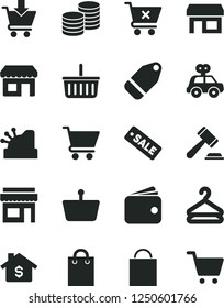 Solid Black Vector Icon Set - paper bag vector, grocery basket, hammer of a judge, motor vehicle present, cart, put in, crossed, coins, hanger, label, kiosk, stall, shopping, wallet, cashbox, store