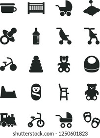 Solid Black Vector Icon Set - baby cot vector, dummy, measuring bottle for feeding, bib, stroller, carriage, summer, sitting, stacking rings, roly poly doll, children's potty, chair, a child, small