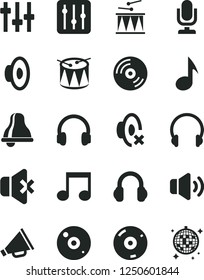 Solid Black Vector Icon Set - bell vector, desktop microphone, horn, loudspeaker, silent mode, drumroll, drum, headphones, CD, regulator, volume, no sound, note, settings, disco ball