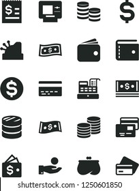 Solid Black Vector Icon Set - bank card vector, purse, cards, coins, column of, denomination the dollar, article on, catch a coin, wallet, cash, machine, cashbox, atm, credit
