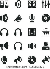 Solid Black Vector Icon Set - desktop microphone vector, horn, loudspeaker, drumroll, headphones, CD, regulator, volume, no sound, operator, megaphone, pc speaker, settings