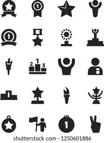 Solid Black Vector Icon Set - star vector, pedestal, flame torch, winner, podium, cup, reward, man with medal, hold flag, first place, pennant, ribbon, hero, hands up, victory hand