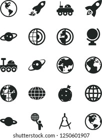 Solid Black Vector Icon Set - sign of the planet vector, globe, earth, scribed compasses, space rocket, core, saturn, lunar rover, man hold world, flag on moon