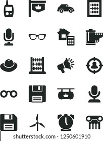 Solid Black Vector Icon Set - desktop microphone vector, floppy disk, hat, camera roll, new abacus, toy mobile phone, estimate, alarm clock, windmill, retro car, vintage sign, man in sight, glasses