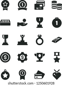 Solid Black Vector Icon Set - brick vector, cards, coins, catch a coin, winner podium, prize, award, gold cup, star medal, first place, with pennant, ribbon, hero, diamond ring, bar, dollar, gear
