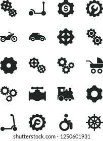 Solid Black Vector Icon Set - truck lorry vector, baby carriage, children's train, Kick scooter, child, gears, cogwheel, gear, star, valve, retro car, three, dollar, motorcycle, disabled, handwheel