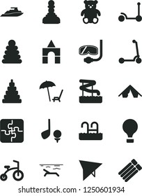 Solid Black Vector Icon Set - stacking rings vector, toy, small teddy bear, box of bricks, child bicycle, Kick scooter, Puzzles, pawn, air balloon, hang glider, tent, beach, arnchair under umbrella