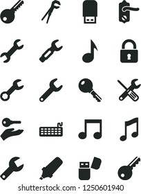 Solid Black Vector Icon Set - repair key vector, small tools, adjustable wrench, door knob, lock, music, steel, text highlighter, keyboard, usb flash, note, arm with