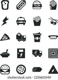 Solid Black Vector Icon Set - lightning vector, dangers, car, delivery, sausage, pizza, piece of, Hot Dog, mini, big burger, a bowl buckwheat porridge, French fries, fried potato slices, coffe to go