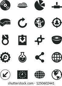 Solid Black Vector Icon Set - clockwise vector, download archive data, star gear, left bottom arrow, CD, earth, cheese, onion, kiwi, round flask, connection, man in sight, globe, planet, pie charts