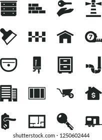 Solid Black Vector Icon Set - bedside table vector, chest of drawers, brick wall, building trolley, window frame, long meashuring tape, sink, siphon, lay out flat, door knob, buildings, putty knife