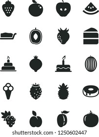 Solid Black Vector Icon Set - cake vector, birthday, piece of, slice, with a hole, cone, strawberry, apple, grape, tasty, medlar, raspberry, melon, delicious plum, ripe, pineapple, water, persimmon