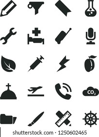 Solid Black Vector Icon Set - tassel vector, desktop microphone, bookmark, writing accessories, lightning, ripe plum, leaf, flask, CO2, water filter, pencil, phone call, folder, repair, syringe