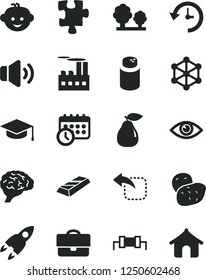 Solid Black Vector Icon Set - powder vector, children's hairdo, Puzzle, eye, volume, square academic hat, move left, pear, potato, trees, industrial building, portfolio, history, schedule clock