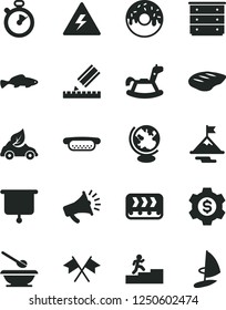 Solid Black Vector Icon Set - danger of electricity vector, chest drawers, plates and spoons, rocking horse, drawing, mini hot dog, glazed cake with a hole, chop, small fish, conveyor, eco car, horn