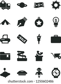 Solid Black Vector Icon Set - folder bookmark vector, yule, building trolley, delivery, planet, pie, dollar, season sale, printer, robot, ink pen, flame torch, star medal, idea, suitcase, tent, sun