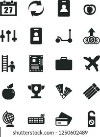 Solid Black Vector Icon Set - daily calendar vector, renewal, Kick scooter, apricot, half tomato, keyboard, motherboard, settings, globe, prize, man with ladder, dollar growth, identity card, plane