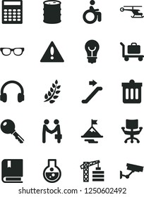 Solid Black Vector Icon Set - warning vector, e, tower crane, dust bin, key, bulb, barrel, headphones, chair, flask, glasses, calculator, laurel branch, motivation, helicopter, agreement, escalator