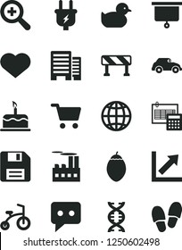 Solid Black Vector Icon Set - heart symbol vector, floppy disk, zoom, growth chart, baby duckling, child bicycle, buildings, calculation, traffic signal, earth, cake, tamarillo, plug, retro car, dna