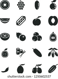 Solid Black Vector Icon Set - Hot Dog vector, cucumber, sushi set, blueberries, ripe peach, large grape, blueberry, tasty cornels, loquat, goji berry, half, water melon slice, date fruit, of kiwi