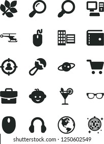 Solid Black Vector Icon Set - purse vector, beanbag, children's hairdo, city block, suitcase, cocktail, shopping cart, man in sight, computer, mouse, headphones, magnifier, glasses, zoom, saturn