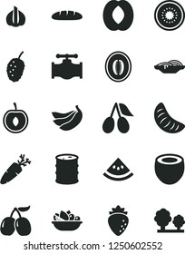 Solid Black Vector Icon Set - loaf vector, slices of onion, a plate fruit, carrot, raspberry, cornels, tasty mulberry, half peach, melon, slice tangerine, cherry, bananas, kiwi, coconut, water