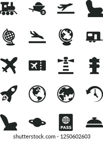 Solid Black Vector Icon Set - Baby chair vector, car child seat, toy train, garden trolley, passport, planet, lighthouse, history, globe, rocket, earth, camper, plane ticket, departure, arrival